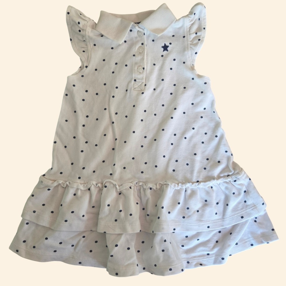 Next Girls White Navy Polka Dot Polo Dress Ruffle Sleeve Tiered Hem 2-3 Years